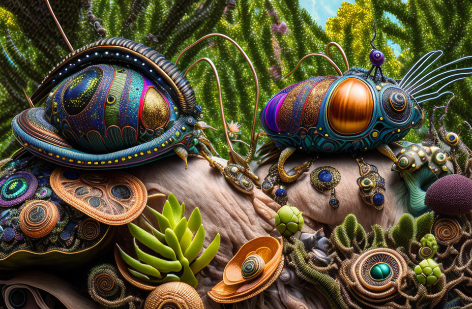 Colorful Ornate Snail Creatures in Vibrant Fantasy Garden