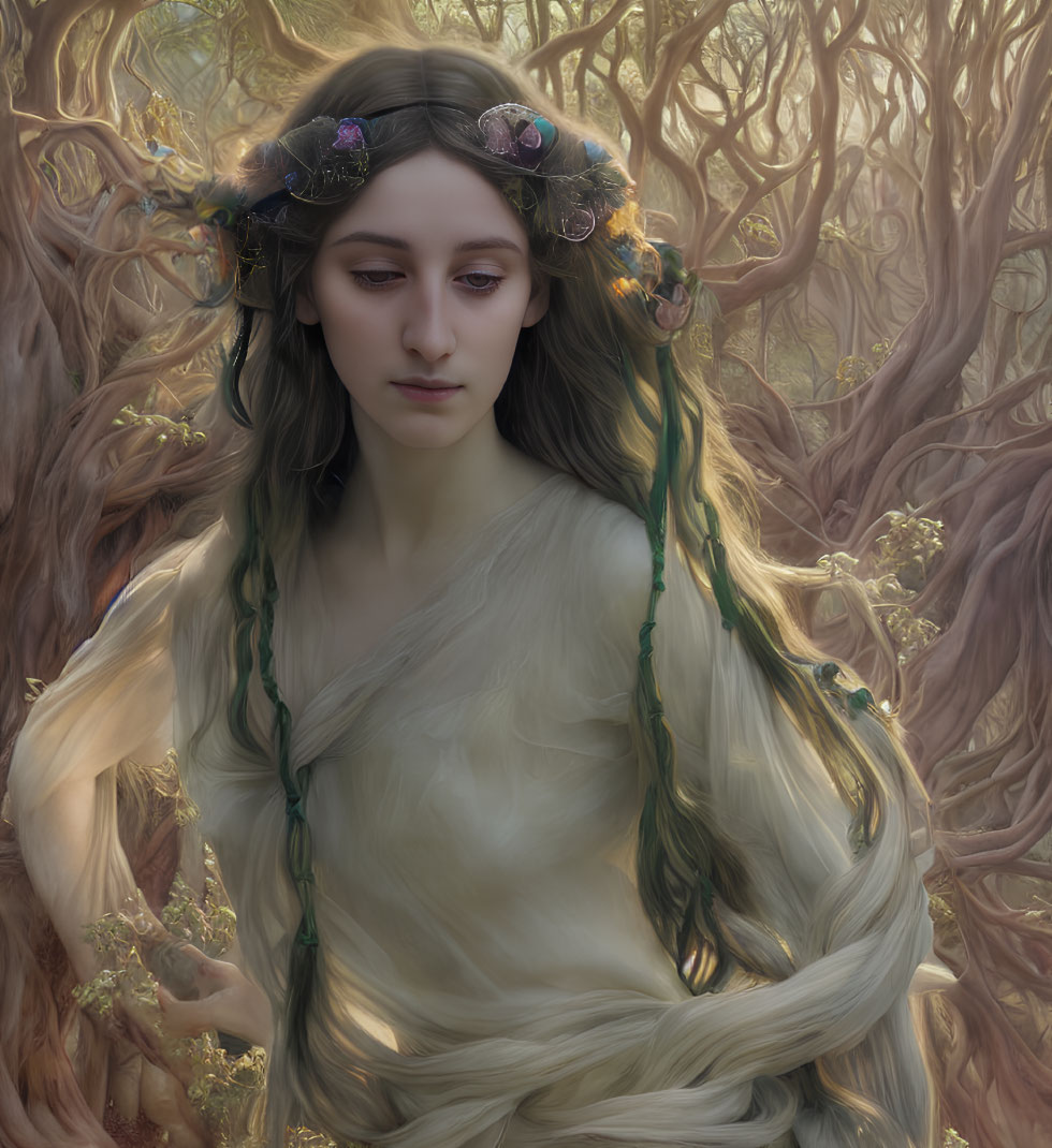 Ethereal woman with floral crown in mystical forest