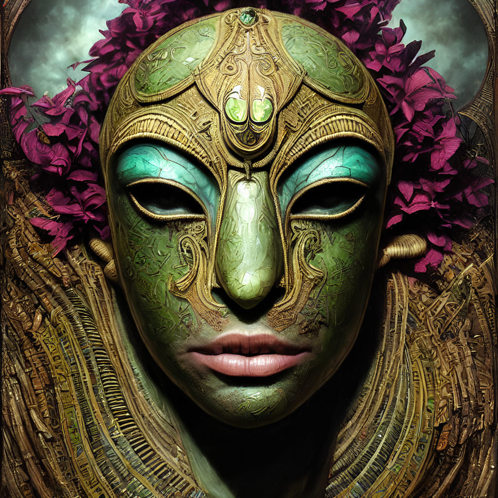 Ornate Gold and Green Mask with Pink Flowers on Person's Face