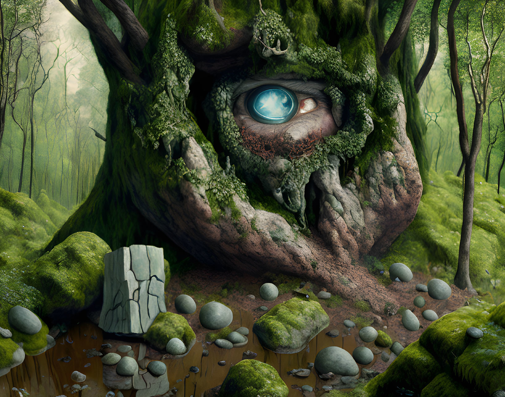 Enchanted forest with giant tree face and stone tablet