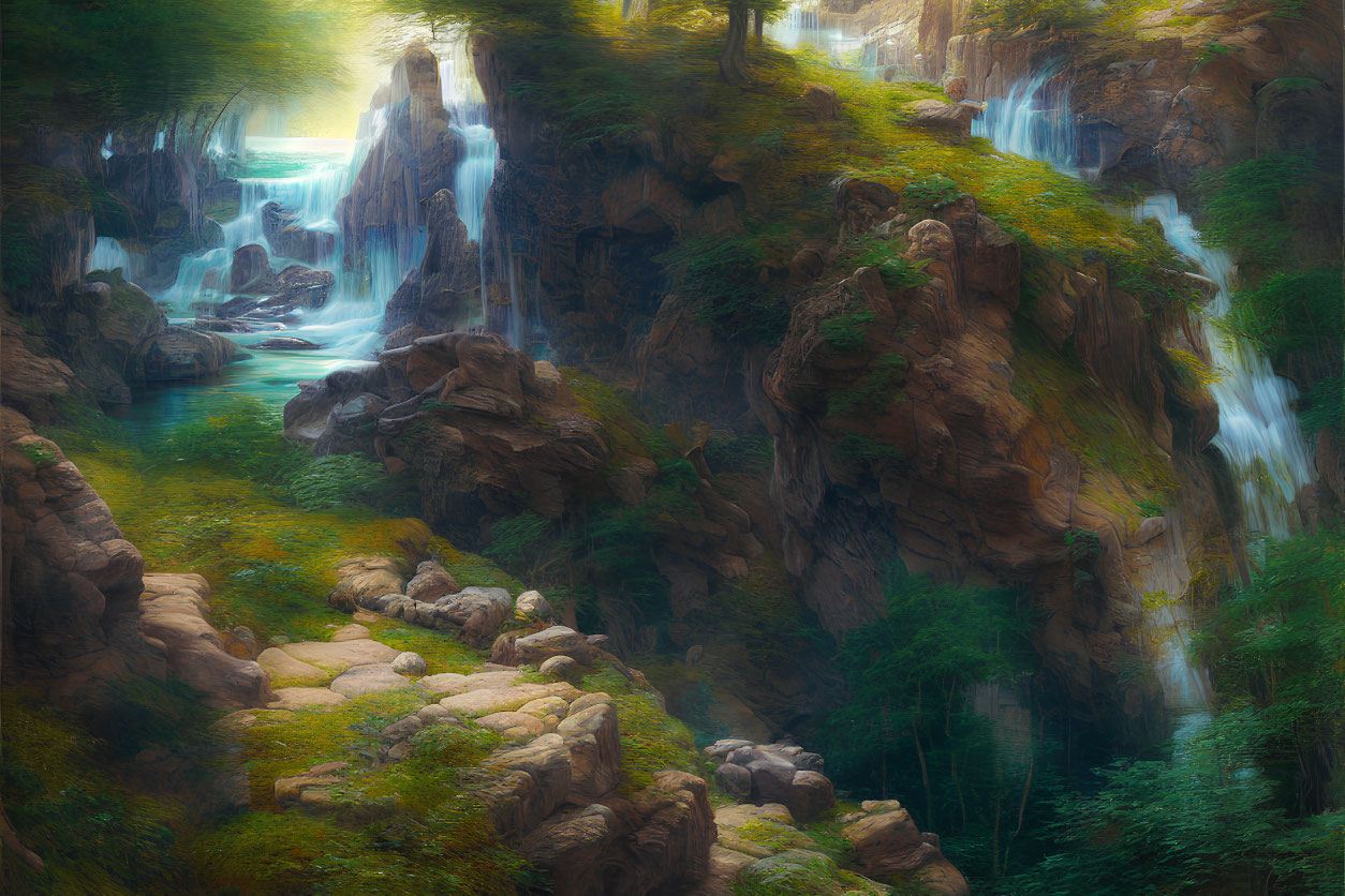 Lush forest scene with cascading waterfalls and soft light