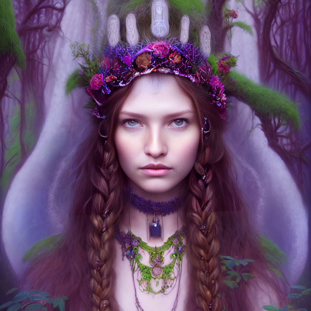 Portrait of young woman with braided hair and floral crown in mystical forest