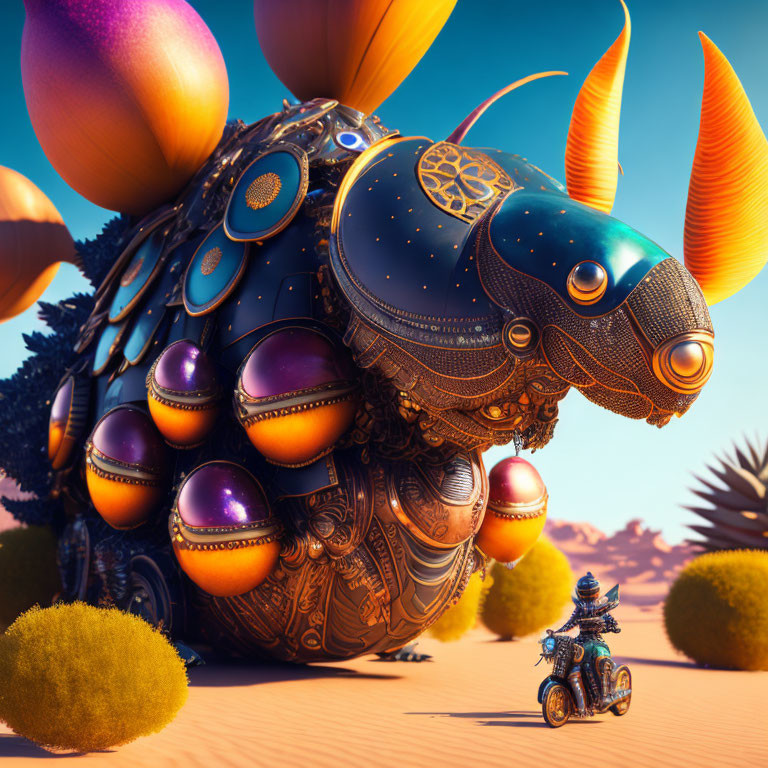 Giant Turtle with Cosmic Shell and Motorcycle Rider in Desert