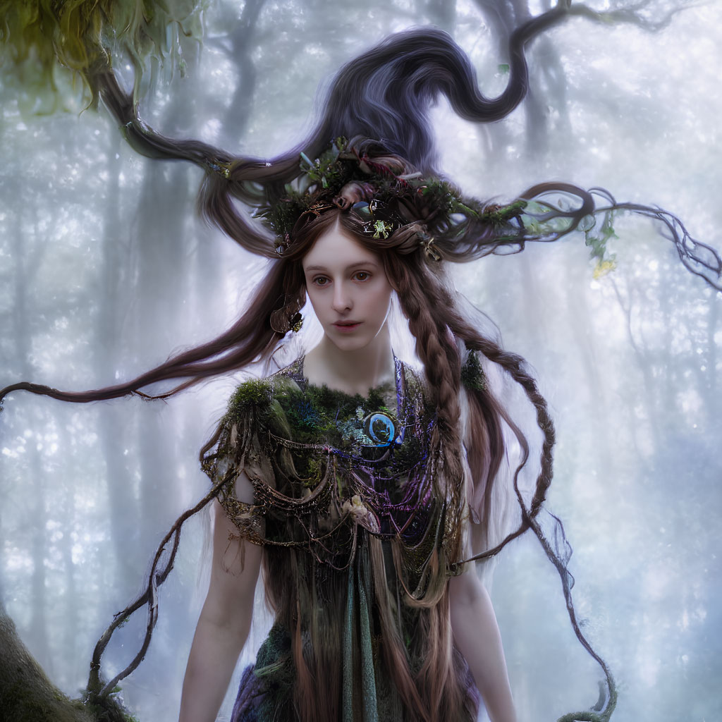 Fantasy portrait of a woman with elaborate hair and jewels in misty forest.