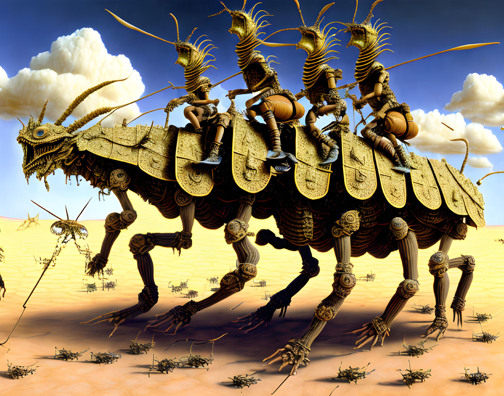 Surreal artwork of golden mechanical insects in desert landscape