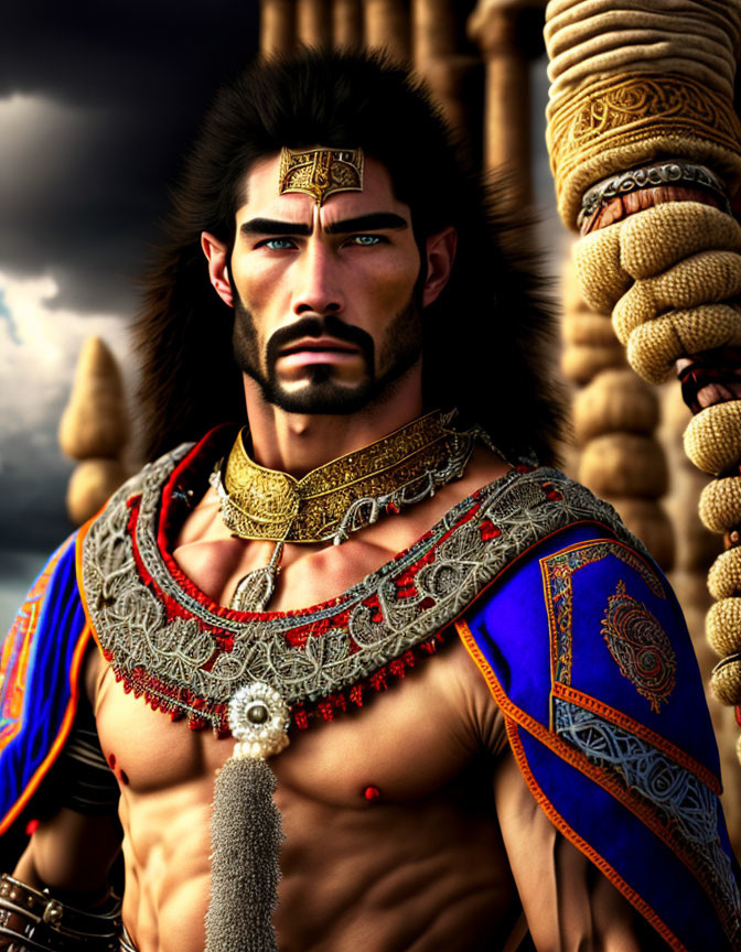 Regal male character in blue and gold attire with ornate collar, standing against cloudy sky and ropes