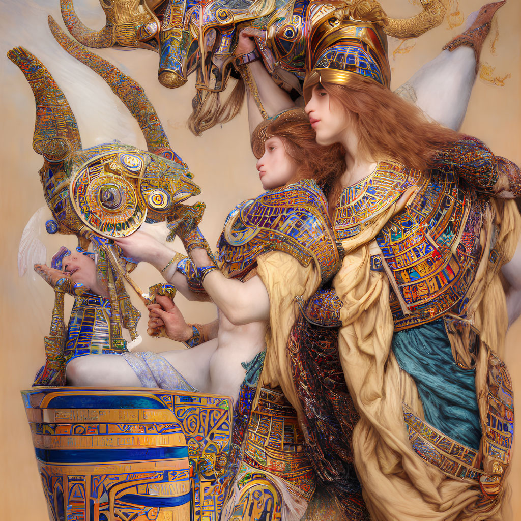 Digital Artwork: Egyptian-themed figures with ram-horned fantasy creature