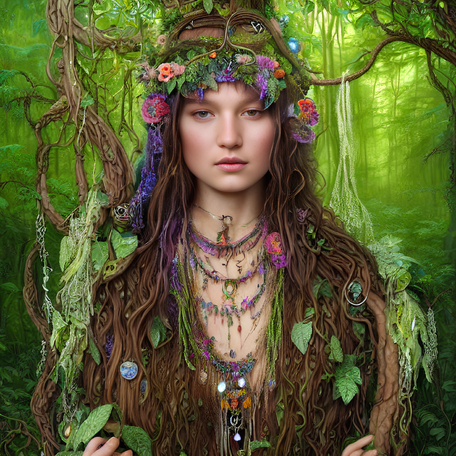 Colorful Floral Headpiece Woman in Ethereal Forest Nymph Aesthetic