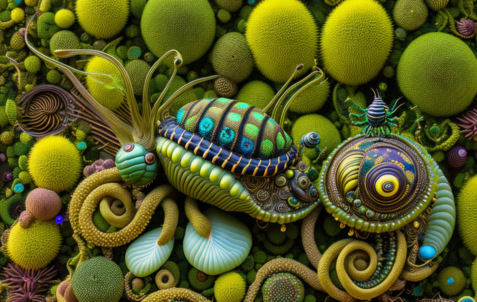 Surreal digital artwork: vibrant landscape with beetle-like creatures and intricate patterns