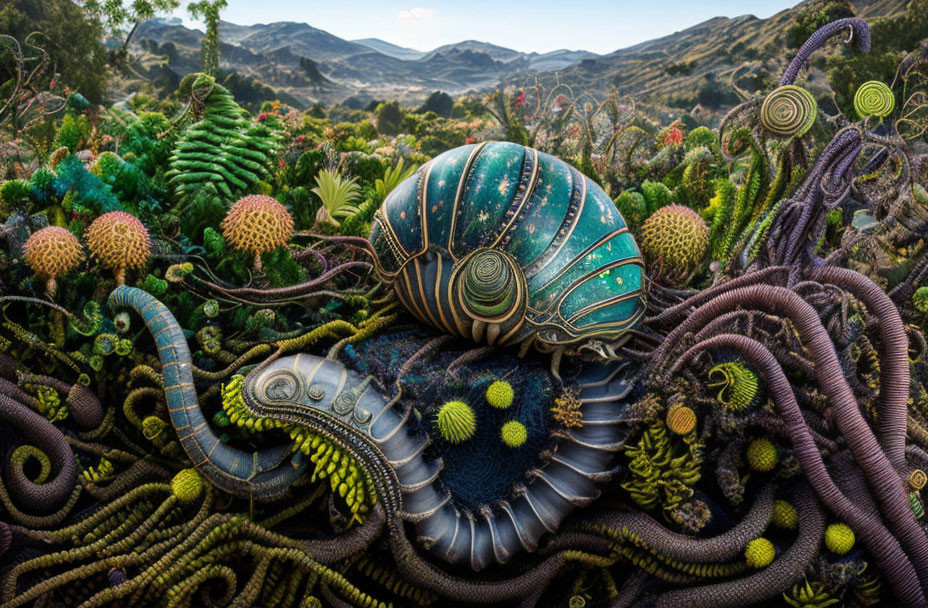 Colorful surreal landscape with mechanical snail and fantastical plants under blue sky