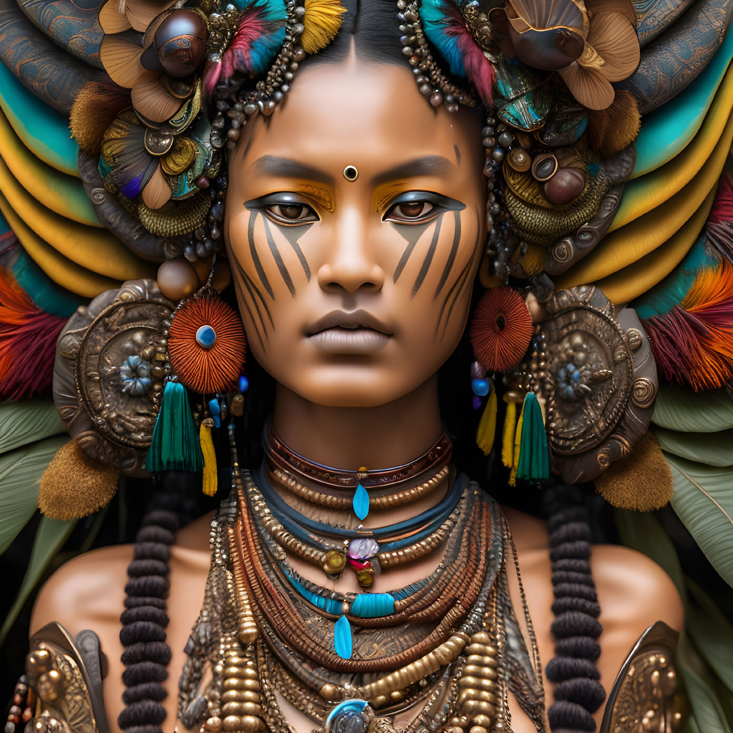 Person in Tribal Makeup with Feathers and Jewelry in Earthy Tones