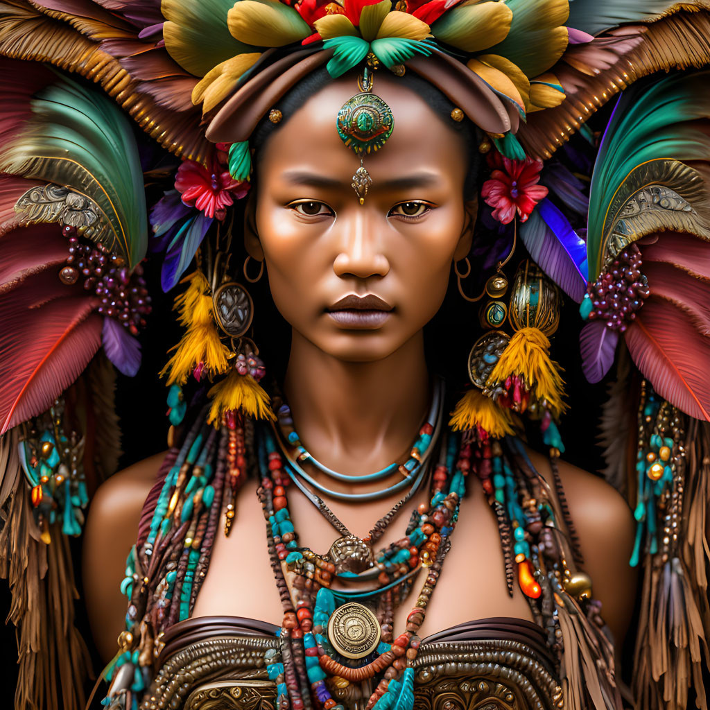 Elaborate headdress with feathers, flowers, beads, and ornate jewelry