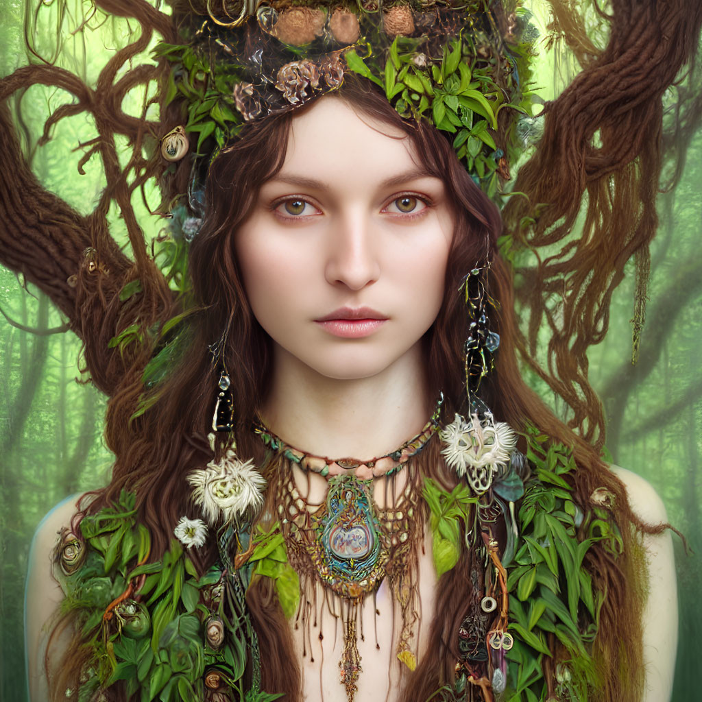 Woman portrait with forest spirit theme, leafy garland, intricate jewelry, and mystical woodland backdrop