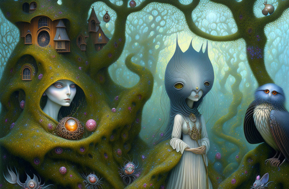 Vibrant anthropomorphic creatures in whimsical forest setting