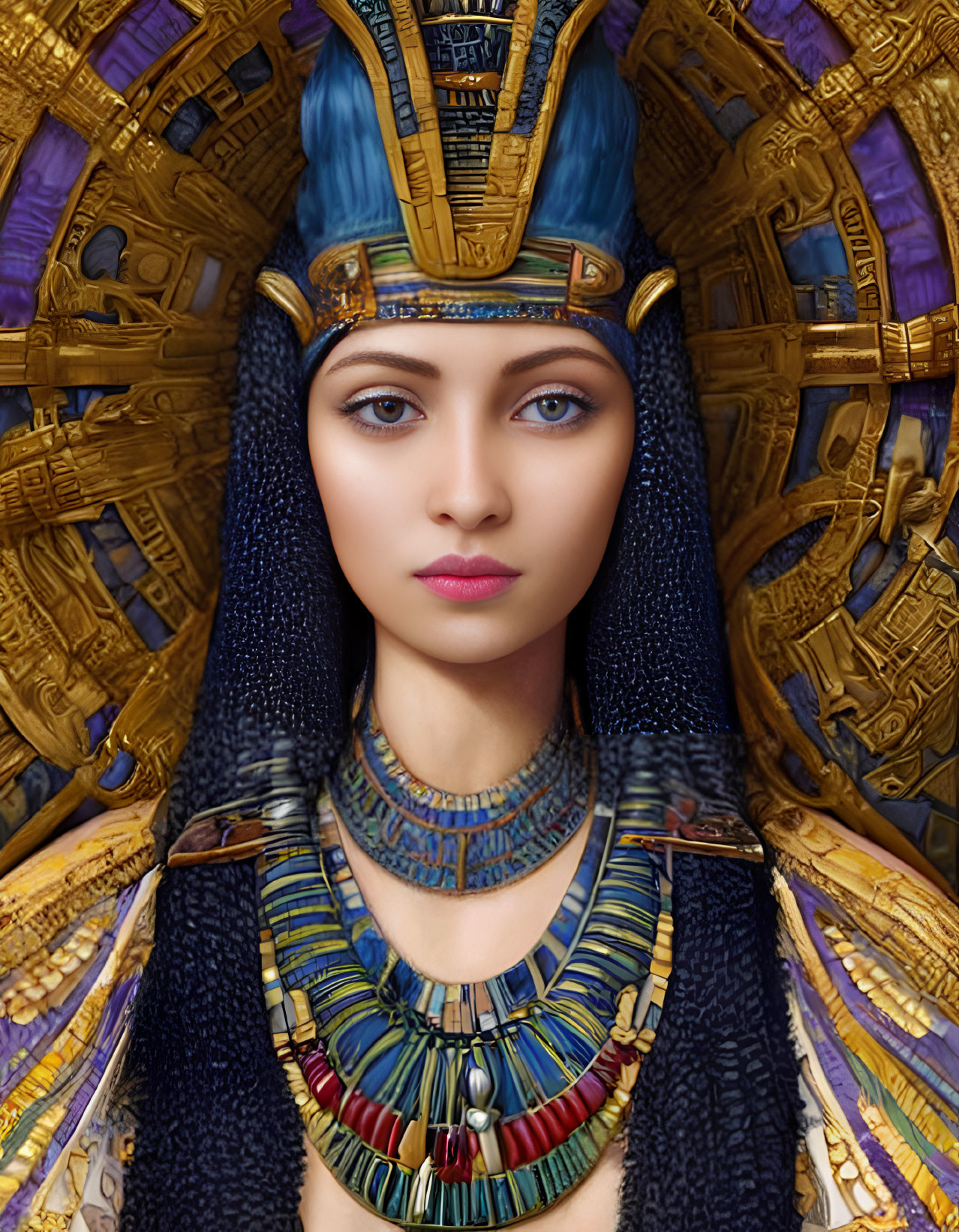 Digital Artwork: Woman as Egyptian Pharaoh with Ornate Headdress