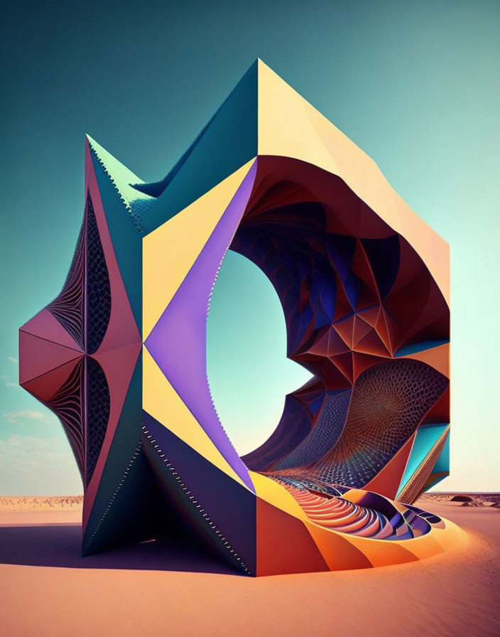 Colorful abstract geometric sculpture in desert landscape