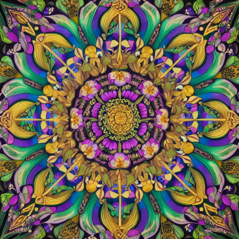 Symmetrical kaleidoscopic floral mandala in purple, yellow, and green.