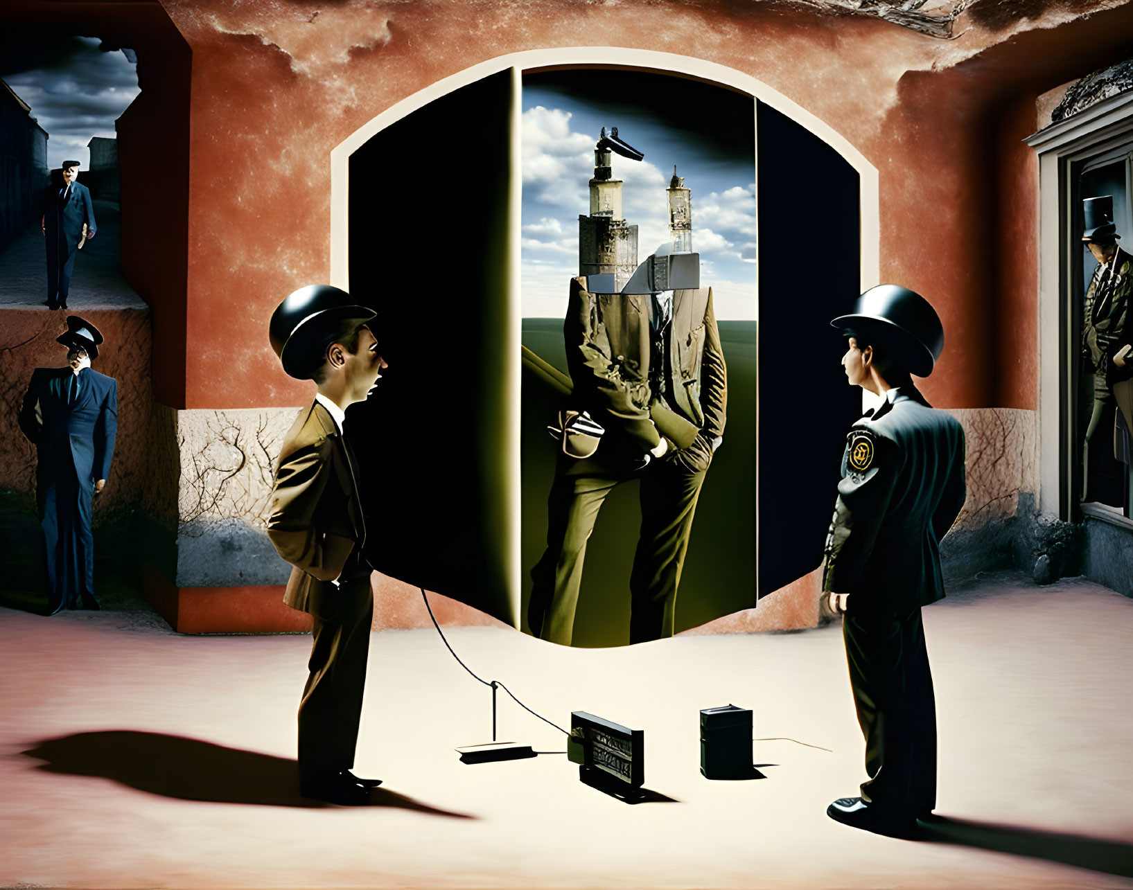 Surrealistic scene: two figures in uniform, fragmented portrait, vintage radio