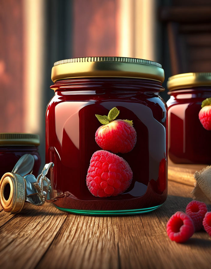 Raspberry Jam Jar with Fresh Raspberries on Wooden Surface