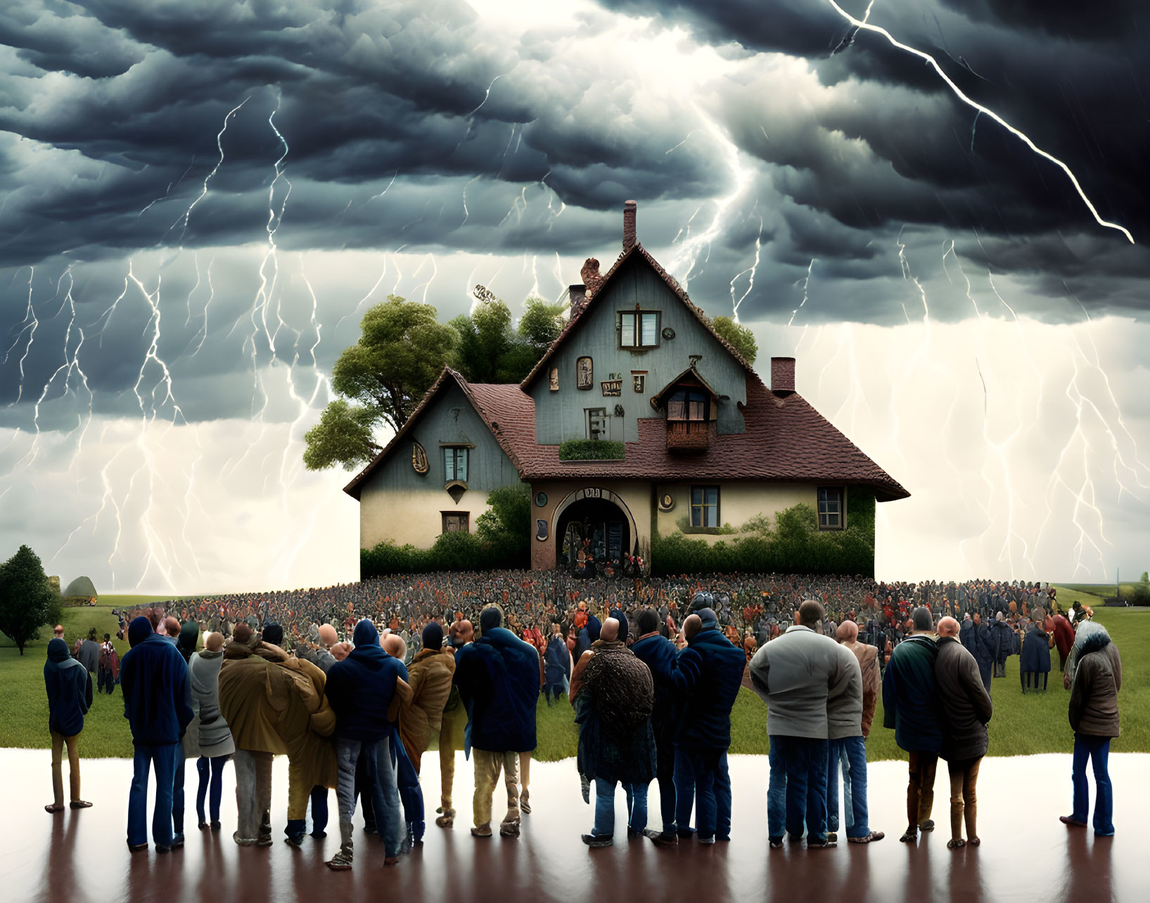 Crowd in front of isolated house during storm with lightning.