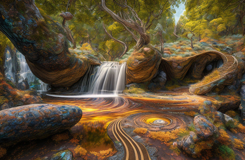 Surreal landscape with waterfall, twisted trees, swirling patterns, and entwined stairway