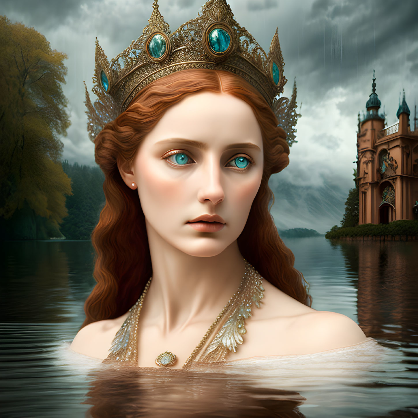 Red-haired woman with crown emerges from lake near castle