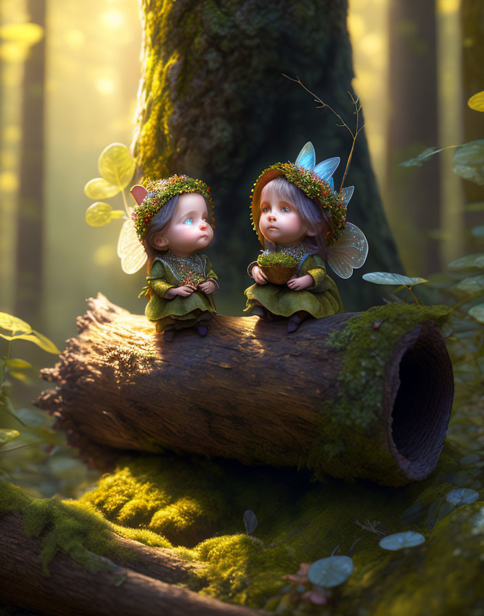 Fantasy-style fairy figures on log in enchanted forest