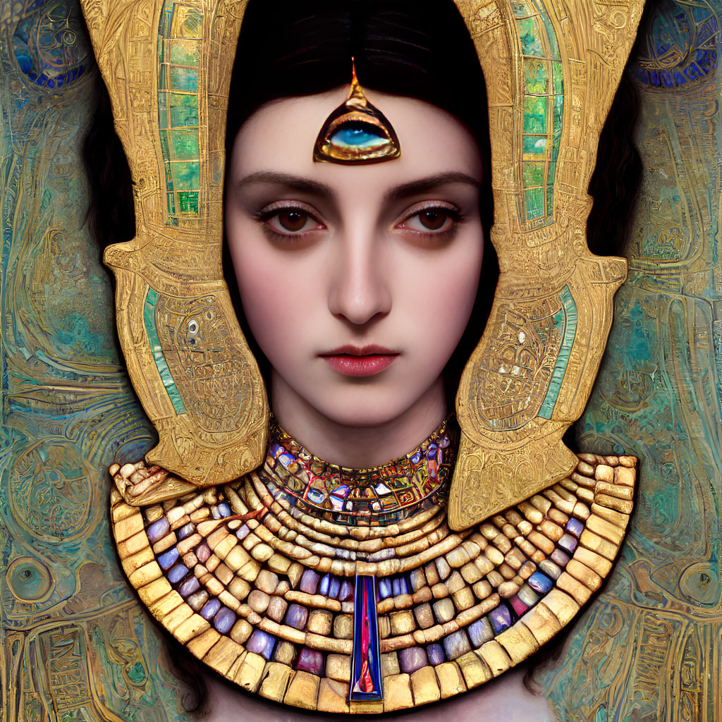 Egyptian pharaoh-style female with elaborate headdress and hieroglyphic background.