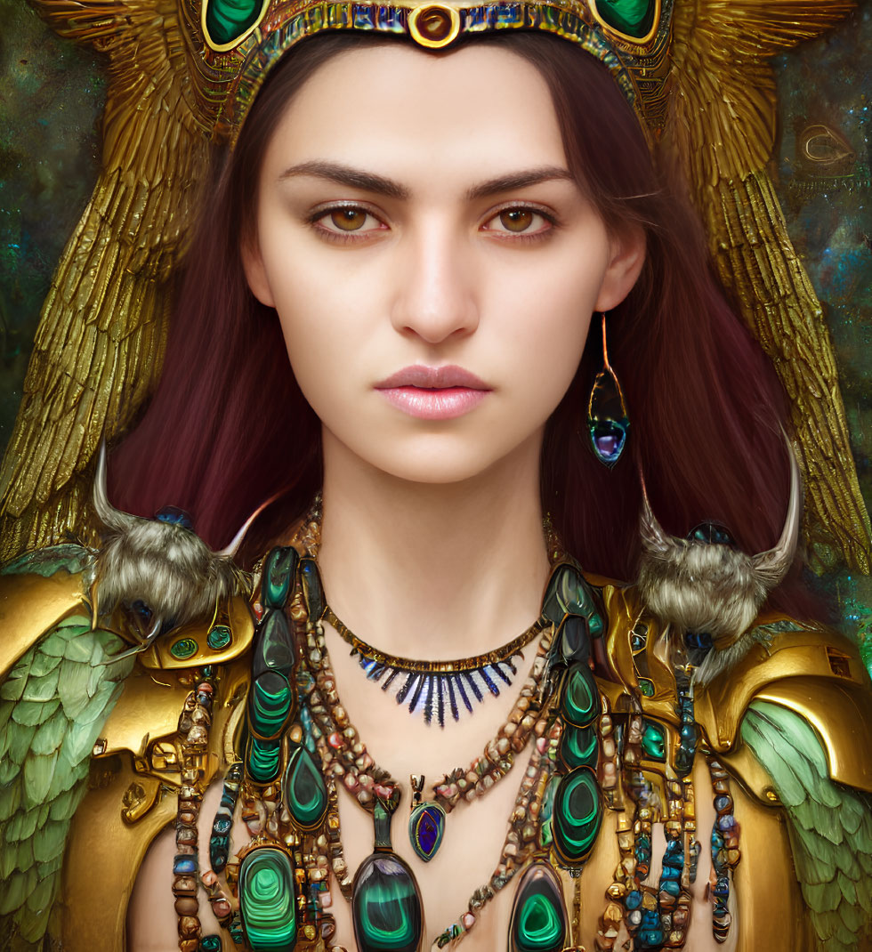 Regal Woman in Golden Headdress and Winged Armor