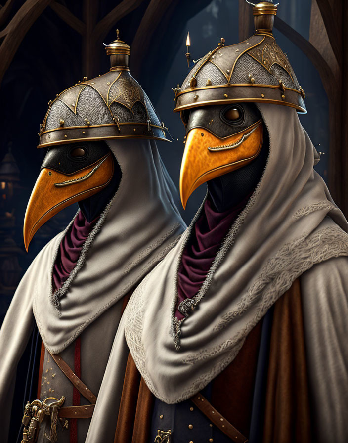 Medieval-themed individuals with ornate beaked helmets and capes