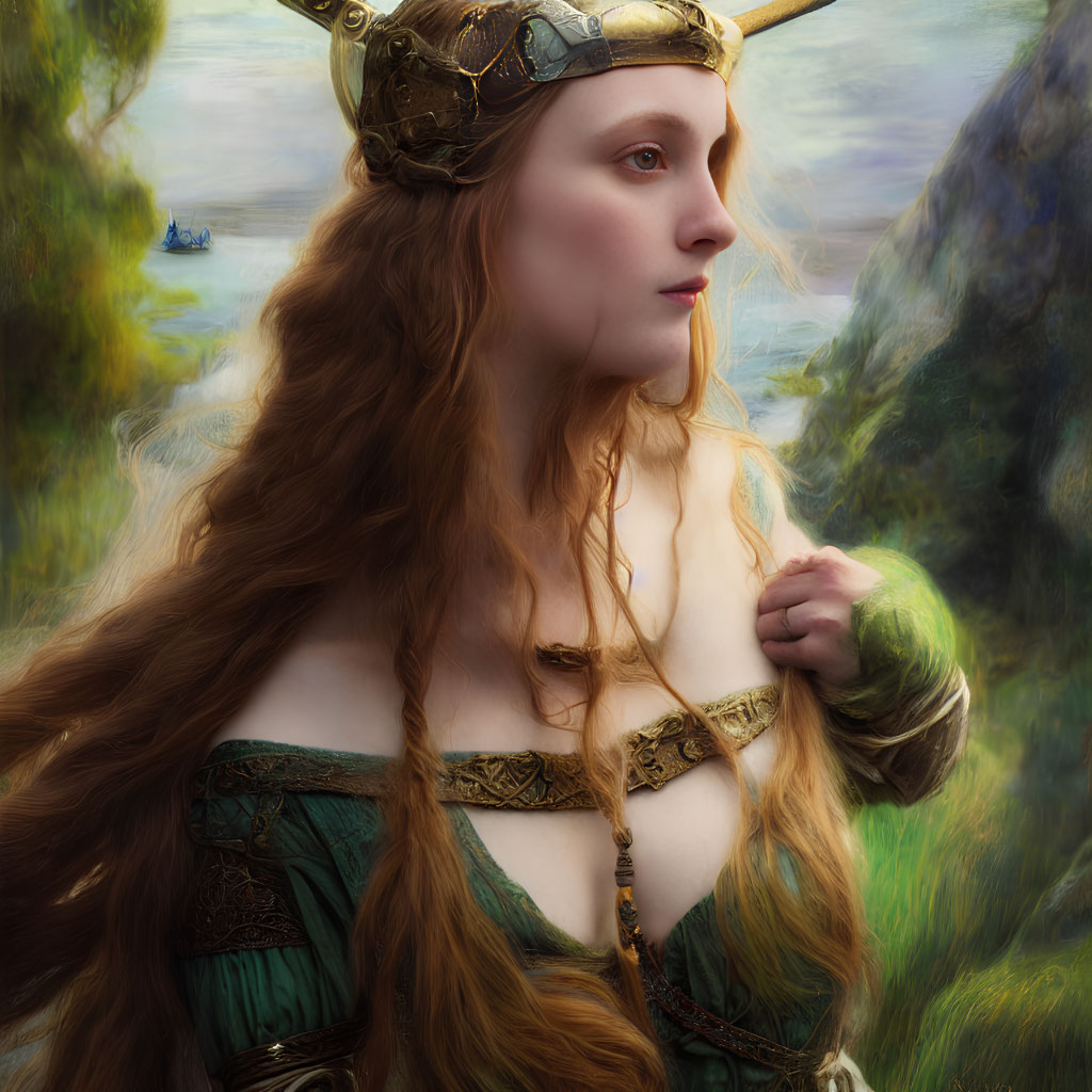 Red-haired woman in medieval attire with horned helmet gazing into the distance