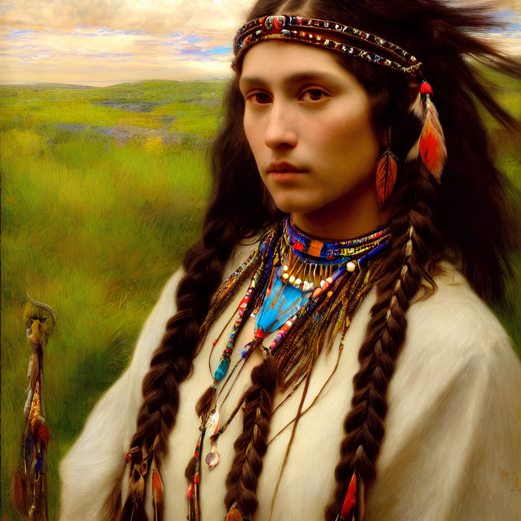 Native American headdress with braided hair, beads, and feathers in pastoral landscape