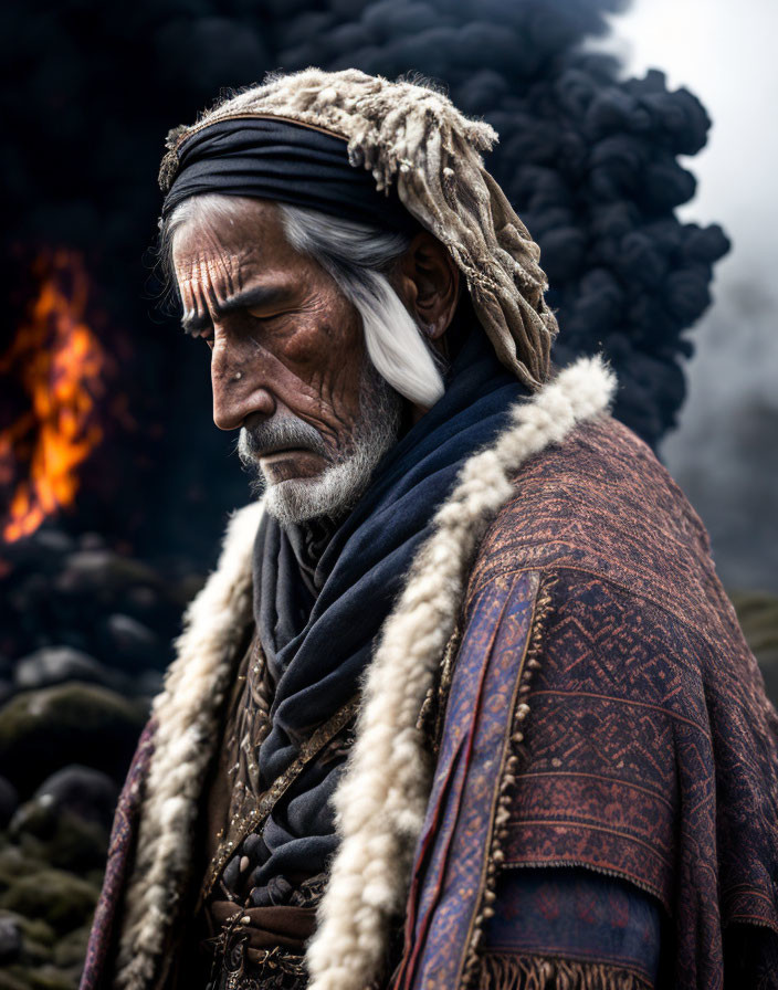 Elderly man in headband and fur coat against fiery backdrop