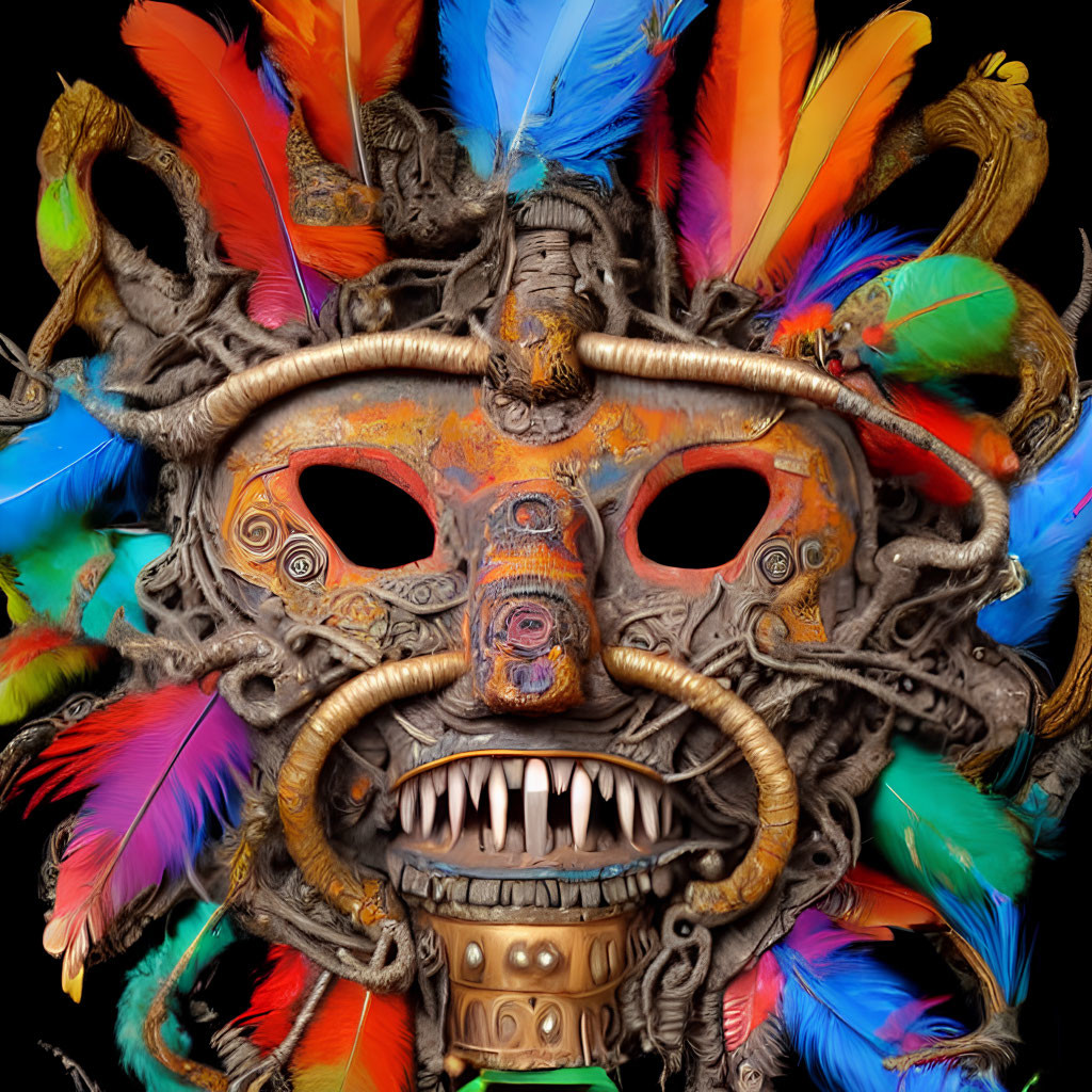 Colorful Feathered Mask with Fearsome Face and Horns