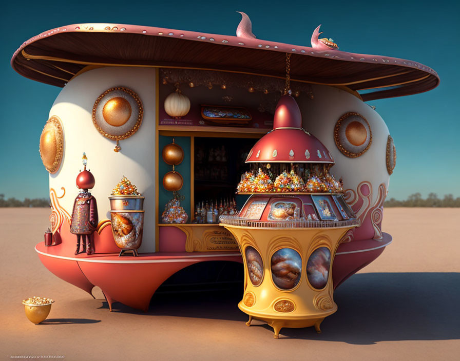 Colorful Candy Shop Caravan in Desert with Fantasy Character