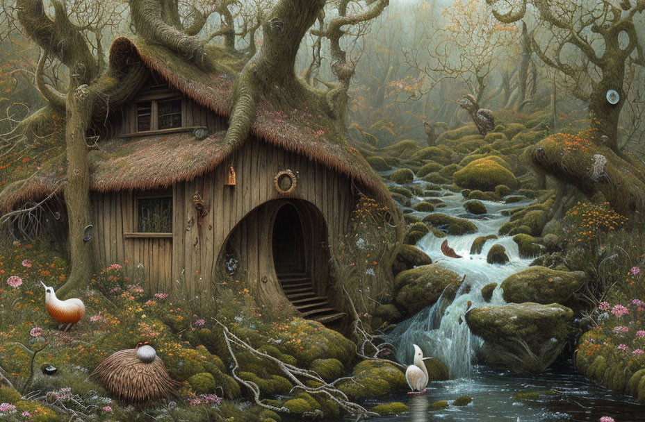 Enchanting forest scene with stream, moss-covered stones, lush trees, and whimsical cottage.