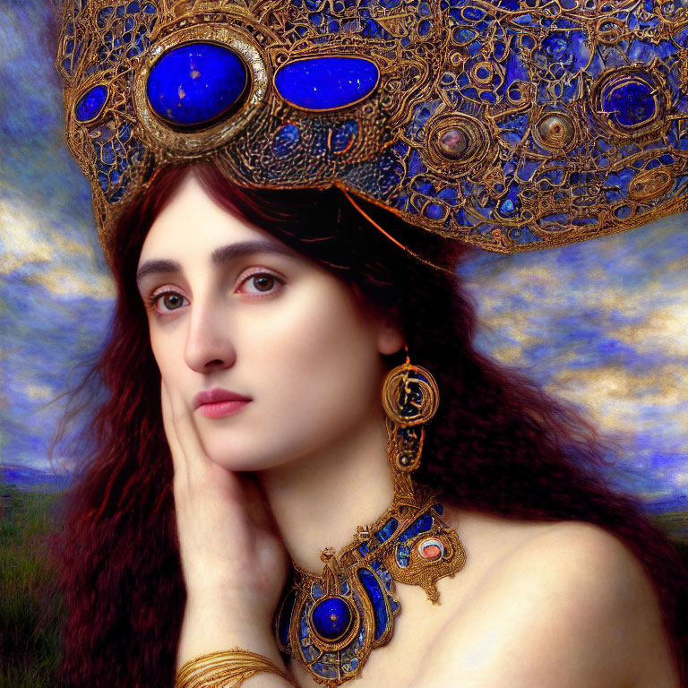 Portrait of Woman with Auburn Hair and Gold & Blue Jewelry