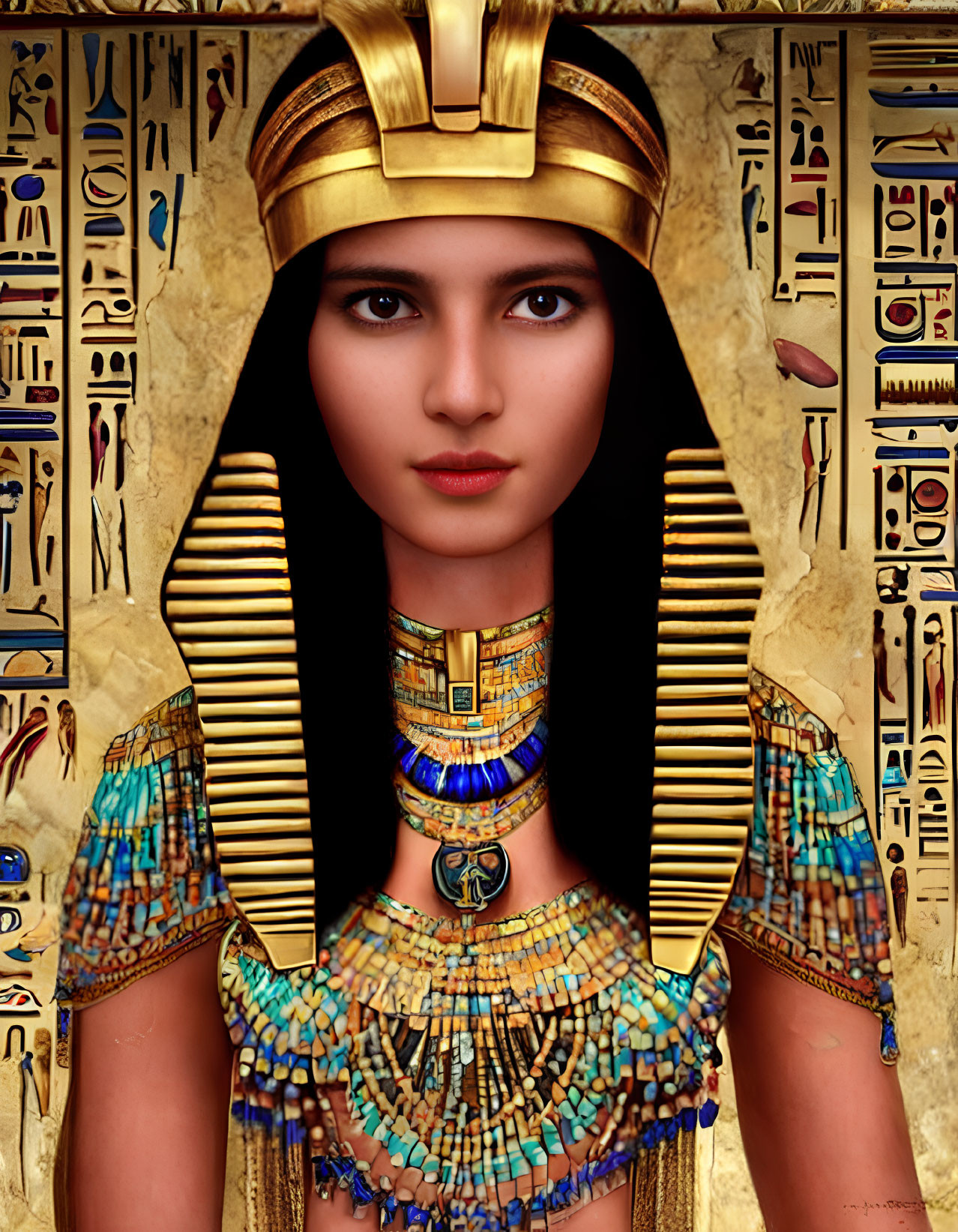 Ancient Egyptian woman with headdress, necklace, and traditional garb against hieroglyphics