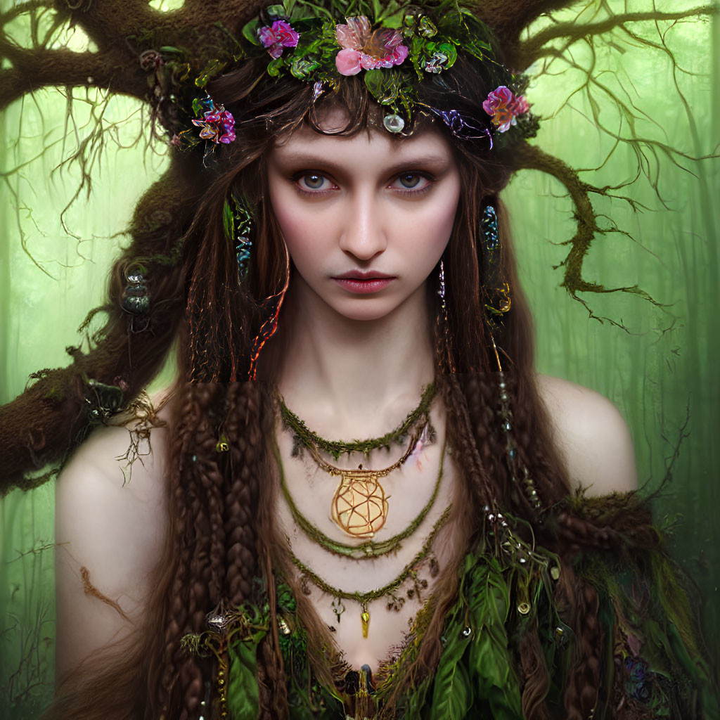 Mystical woman with floral crown in enchanted forest