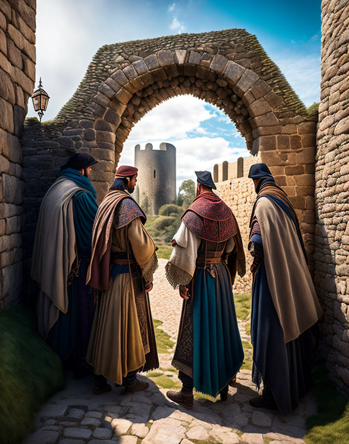 Medieval group in front of stone archway and castle under cloudy sky