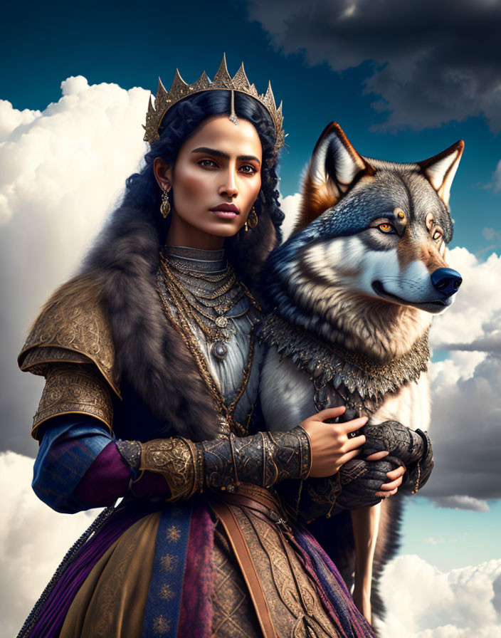 Medieval queen with crown and wolf against cloudy sky