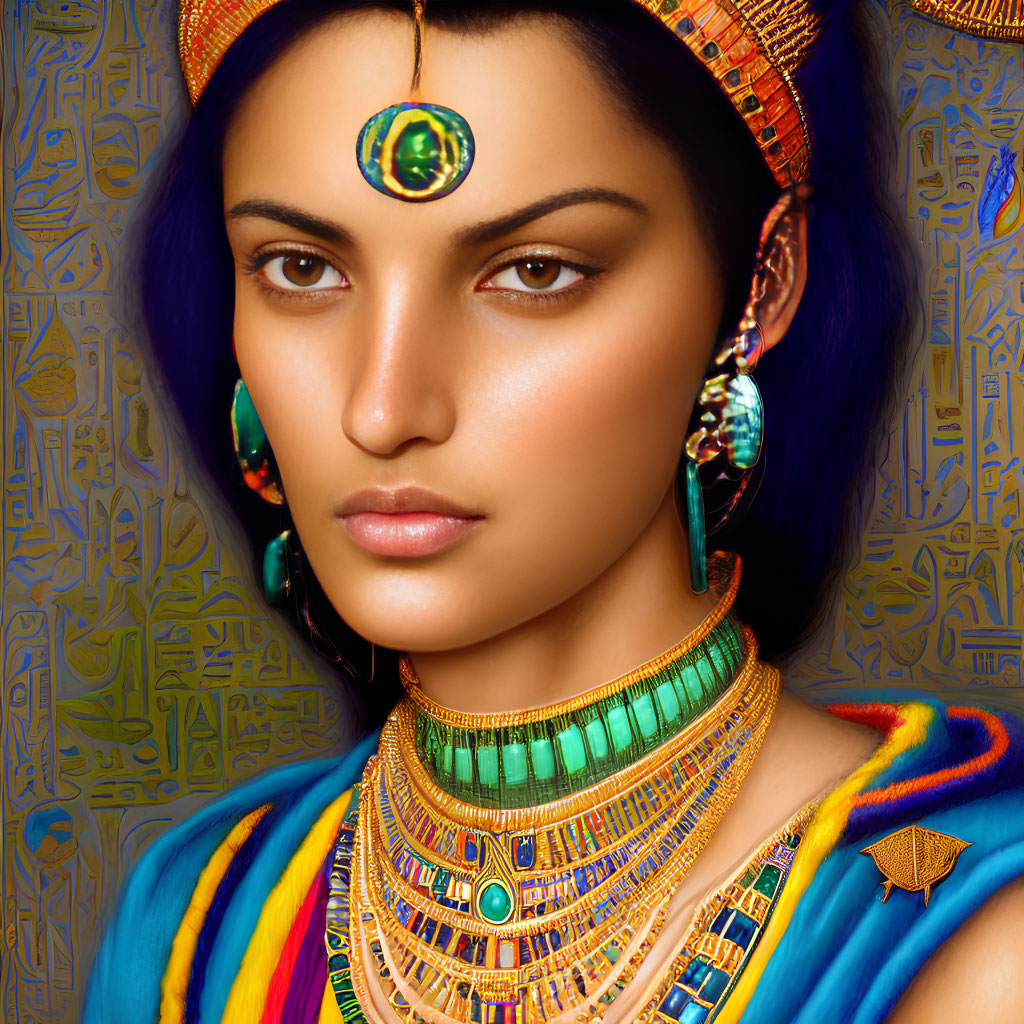 Digital art portrait of a woman as Egyptian pharaoh with gold jewelry and hieroglyphic patterns