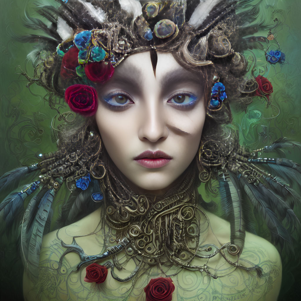 Surreal portrait of woman with ornate headpiece on green backdrop