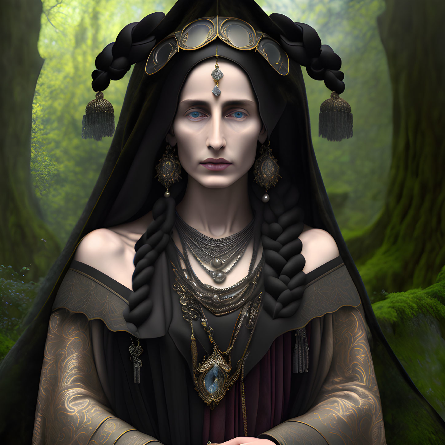 Ornately dressed figure in black attire with headdress and jewelry in misty forest