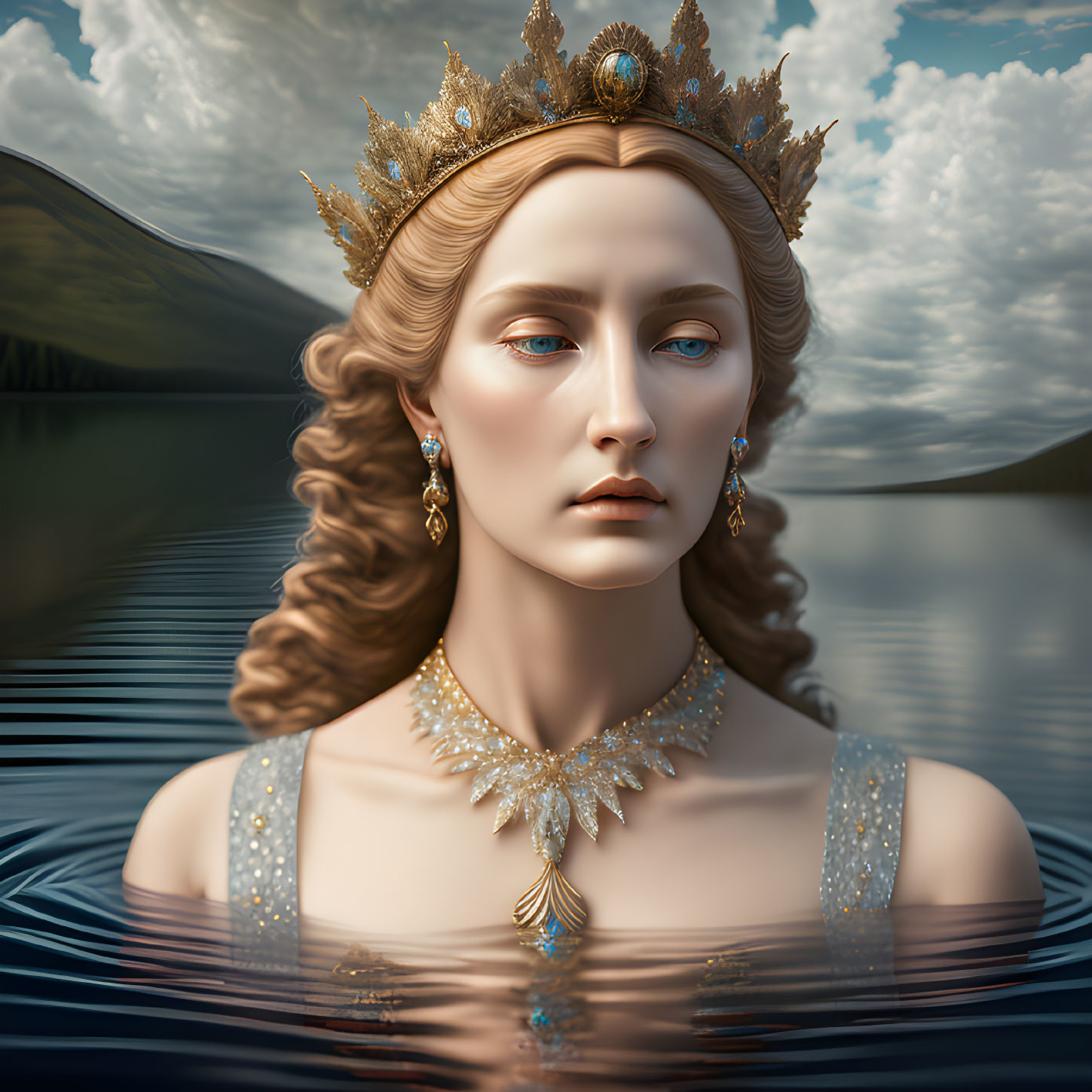 Regal woman with crown and opulent jewelry in water with mountain backdrop