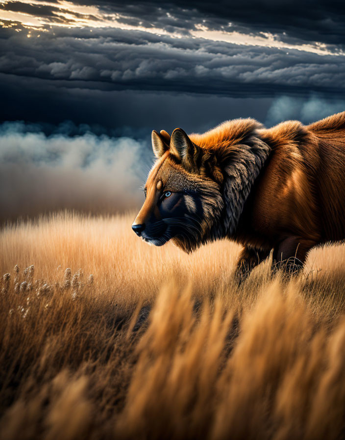 Vibrant fox in golden field under stormy sky