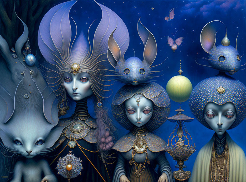 Fantastical artwork: Humanoid figures with feline features in regal attire against a nocturnal