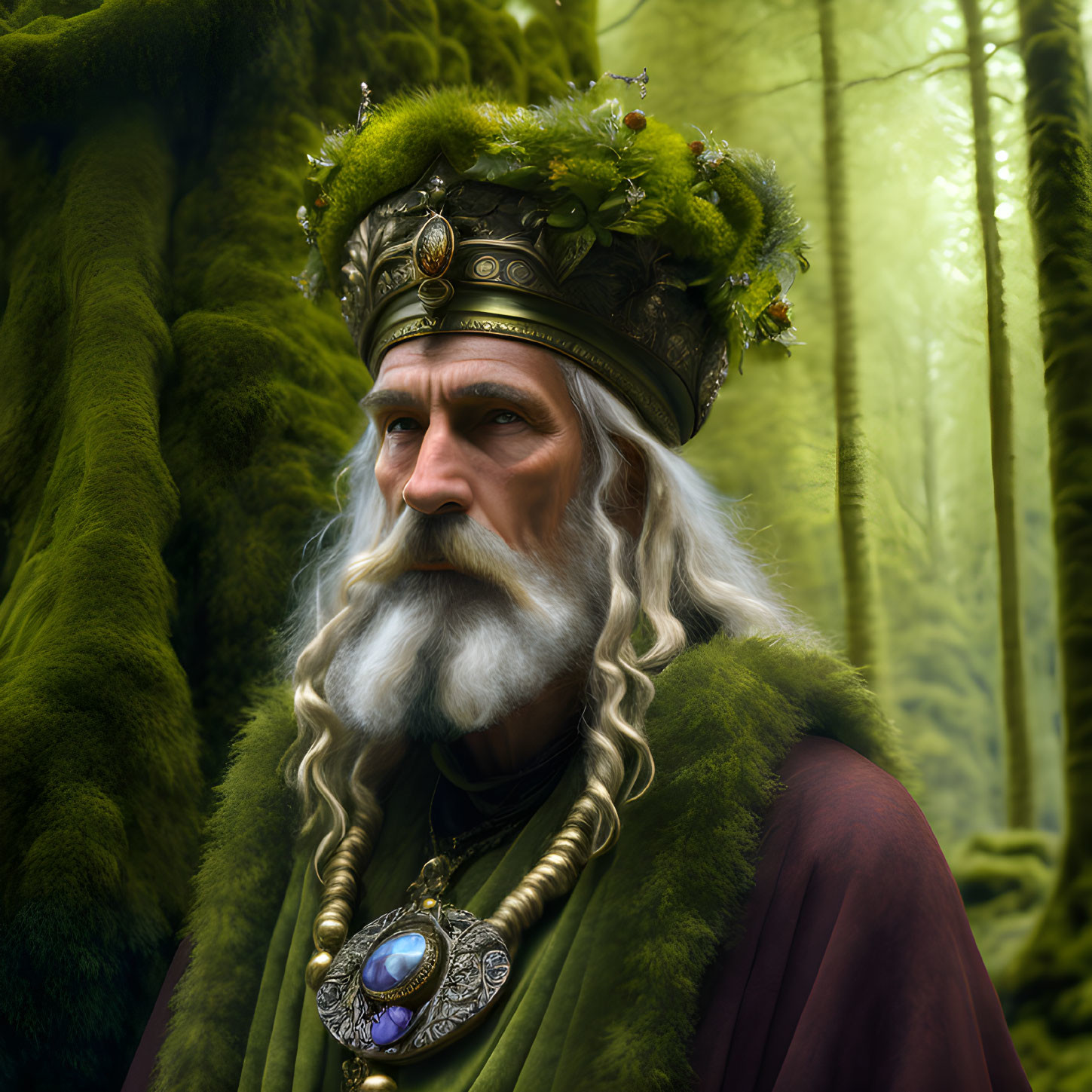 Elderly man with white beard in leaf and jewel-adorned crown, green and red robes