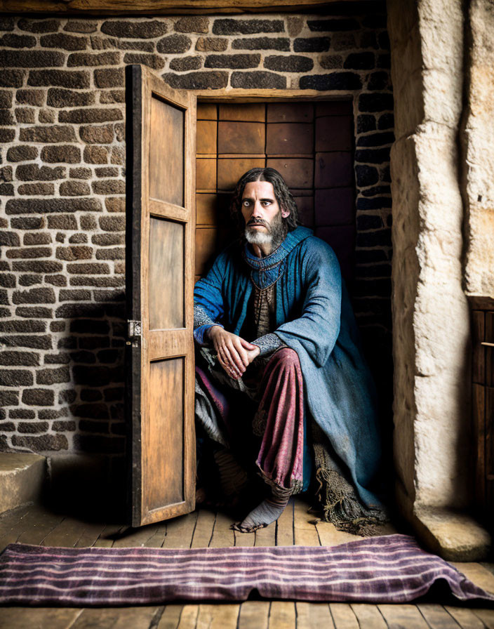 Bearded man in medieval attire sitting in stone doorway