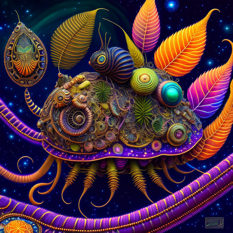 Colorful Snail Artwork with Elaborate Patterns and Feather-Like Extensions